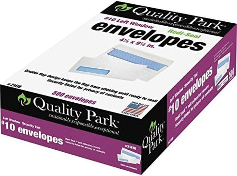 Quality Park #10 Left Window Security Tinted Envelopes, 500 per Box, 24 lb. White Wove, 4-1/8 x 9-1/2