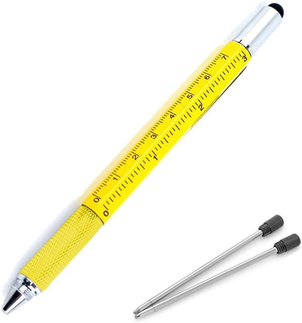 Multifunction Tool Pen, 6 in 1 with Ballpoint Pen, Touch Screen Stylus, Ruler, Spirit Level, Screwdrivers, Yellow +