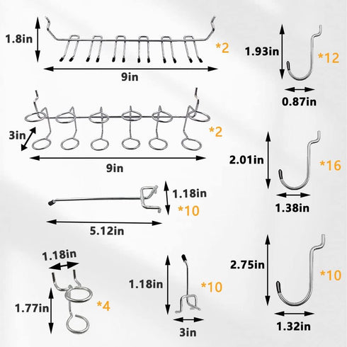 258pcs Pegboard Hooks, Organizer Kit for Various Tools, 1/8 and 1/4 inch Metal Pegboard Hooks Assortment