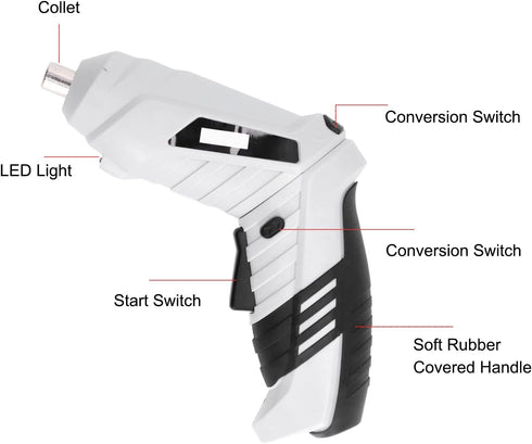 Electric Screwdriver Set - Cordless Handheld Power Screwdriver with 2Pcs Bits, USB Rechargeable Drill Kit, White