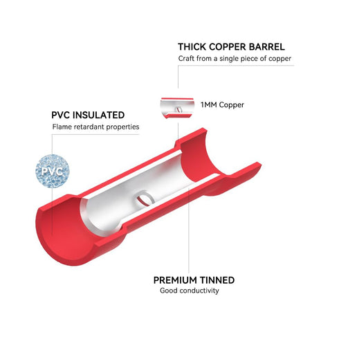 HKS 200 PCS Vinyl Insulated Butt Connector, Red 22-16 AWG, Tinned Red Copper Electrical Connectors
