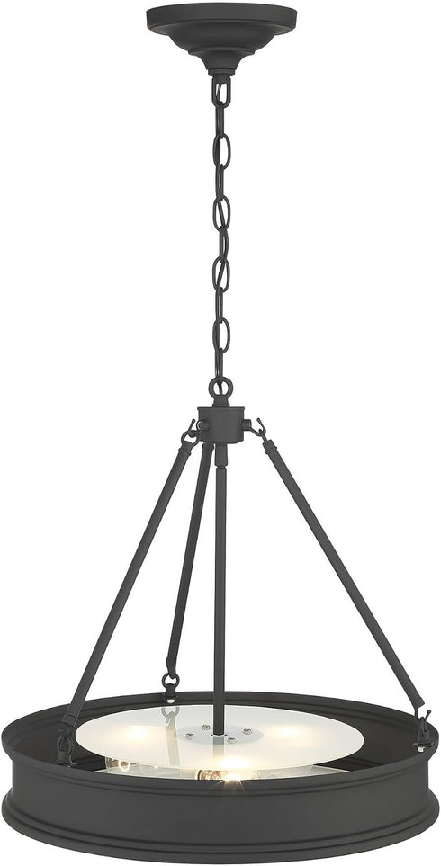 28990 100-Watt 3-Light Bulbs Minka Lavery Matte Black Drum Pendant Light with Frosted Clear Glass Shade, No Included