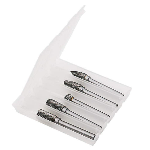 Tungsten Carbide Burr Set Double Cut – 5pcs 1/4" Shaft 3/8" Cutter Head Rotary File Tool, Die Grinder Bits for Metal