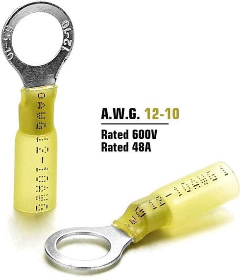 Sopoby 100PCS Heat Shrink Ring Connectors, 3/8" Yellow, 12-10 AWG, Electrical Crimp Connectors