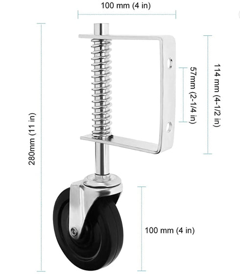 Gate Caster 4”and 5", Heavy Duty Gate Caster Wheel with Spring Loaded,Universal Mount Pate, 250-500 lbs Load Capacity, 4 and 5 Inches Rubber Wheel(Two PCS OR ONE PCS) (4 inch Without Brake, 1 pcs)