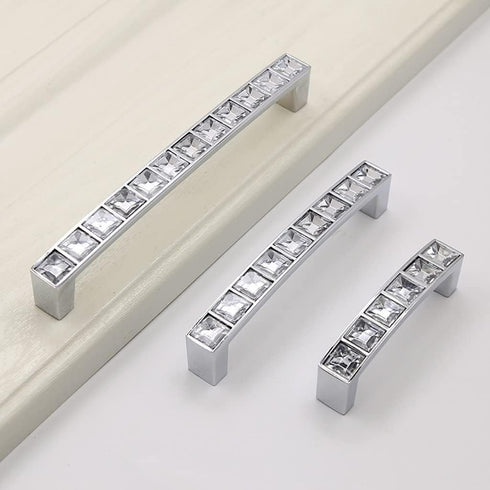 6 Pcs Modern U Shape Crystal Glass Drawer Pulls Knobs, Silver Zinc Alloy Handles for Cupboard Wardrobe Dresser