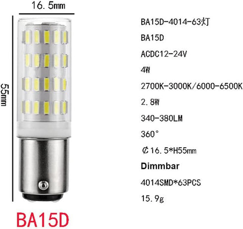 2X B15D 5W Ba15d LED Light Bulb, AC/DC 12V, Daylight White 6000K, 35W Equivalent