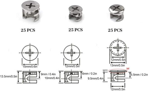 75pcs Cam Lock Fittings Cam Nut Set, 3-in-1 Connector Fastener for Furniture, Screws