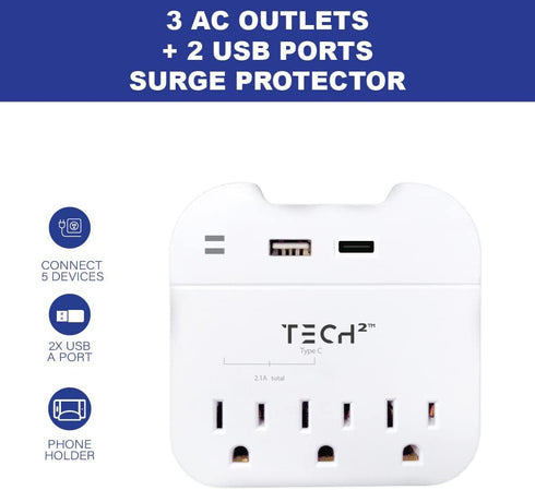 Tech2 3-Outlet Surge Protector Power Strip with 2 USB Charging Ports, ETL Certified for Home, School, or Office