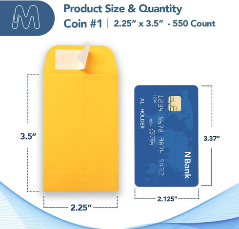 MOS #1 Coin Envelopes – 2-1/4" x 3-1/2" Gold Self-Seal Coin Envelopes #1 (550 Count) – Savings Challenge, Money Envelopes for Cash, Cash Envelopes for Budgeting, Money Saving Envelopes, Seed Storage by Marathon Office Supply