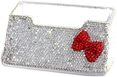 Bling Pure Handmade Rhinestones Business Card Holder, Stainless Steel Name Card Case with Red Bow