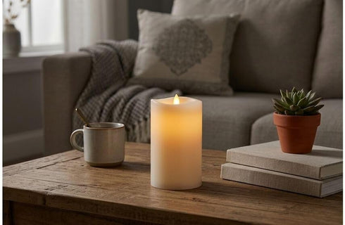 4x6 Inch 5-Hour Mikasa LED Wax Pillar Candle, White Wavy Flameless Candle with Dancing Flame Effect and Timer - Battery