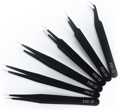 Precision Tweezers Set, 6PCS Anti Static ESD Industrial Tweezers Kit for Electronics Repair, Craft, Laboratory Work