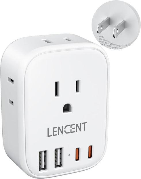 LENCENT 3 to 2 Prong Outlet Adapter, 2 Prong Outlet Extender with 4 AC Outlets 4 USB Charger Cube for Non-Grounded