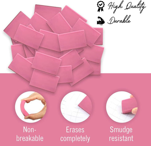 Pink Erasers, Square Rubber Erasers for Kids, 40 Count Bulk for School Supplies, Art, and Office Use