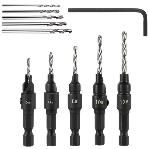 5pcs Wood Countersink Drill Bit Set, Hex Shank Quick Change Counter Sinker, Pilot Bit Set for Woodworking