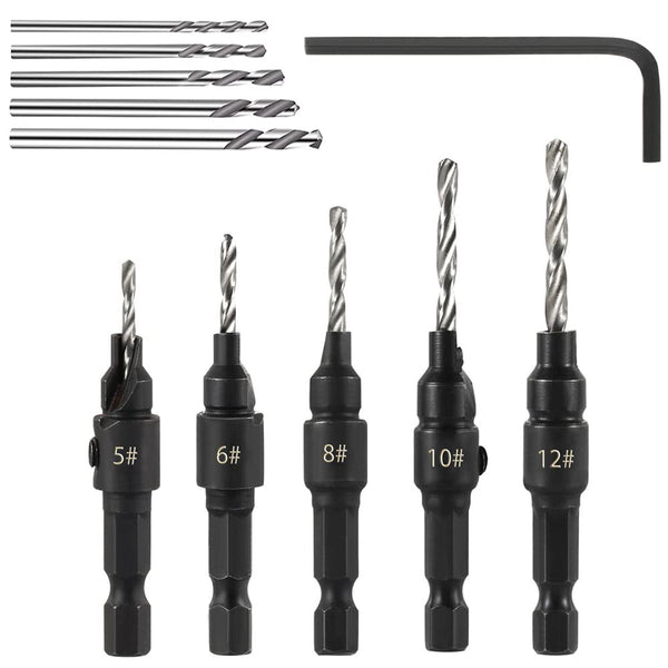 5pcs Wood Countersink Drill Bit Set, Hex Shank Quick Change Counter Sinker, Pilot Bit Set for Woodworking