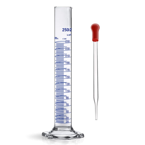 Thick Glass Graduated Cylinder, Measuring Liquid Lab Hexagon Base, 250ML with One Glass Dropper