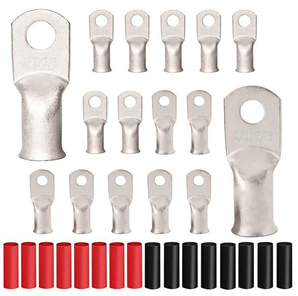 8Pcs 2/0 AWG Heavy Duty Tinned Copper Wire Lugs with 16Pcs Heat Shrink Tubing, Battery Cable Ends, Copper Ring Terminals