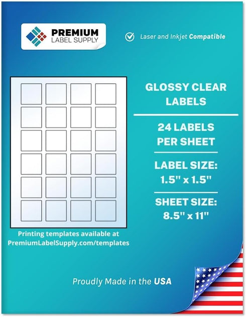 Premium Label Supply Glossy Clear Sticker Square Labels, 1.5” x 1.5", 600 Total Adhesive Labels