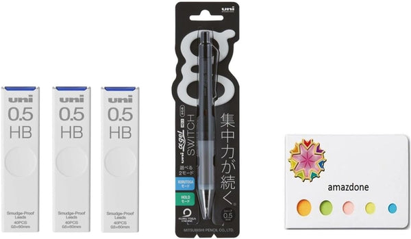 uni Alpha Gel switch 0.5mm Mechanical Pencil, Black Body (M51009GG1P.24) + Uni Smudge-Proof Leads, 3 Set Sticky Notes