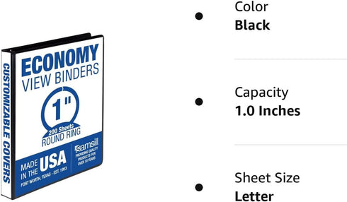 Samsill Economy 1 Inch 3 Ring Binder, Made in The USA, Round Ring Binder, Customizable Cover, Black