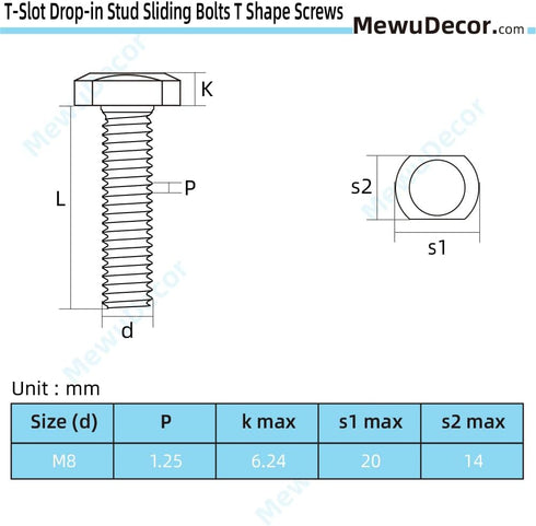 M8 x 35mm T-Slot Drop-in Stud Sliding Bolts, 304 Stainless Steel 18-8, Full Thread, 5 PCS