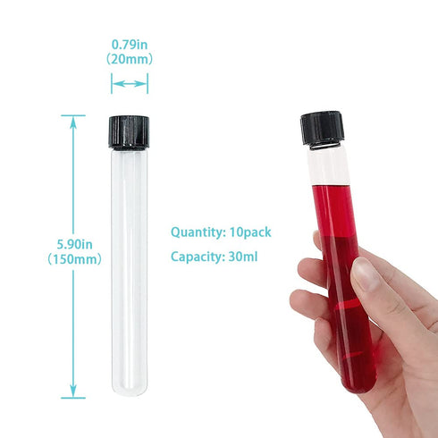 10pcs 20x150mm Glass Test Tubes, 30ml Boro Clear Propagation Tube for Plants, Tube Vials Container with Black Screw Cap, Scientific Experiment Candy Storage Crafts Small Bottle Jars