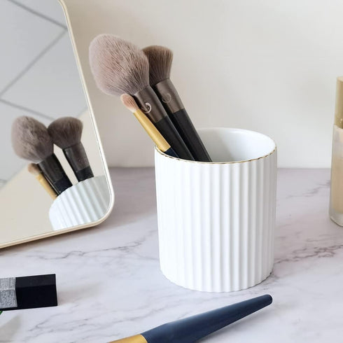 Pen Holder for Desk, Ceramic Pencil Cup, Makeup Brush Organizer, White