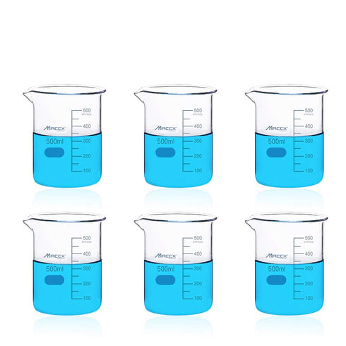 16.9oz (500ml) Sturdy Glass Beaker, 3.3 Borosilicate Griffin Low Form, Pack of 6, BKL500-006