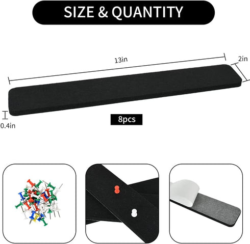 Vuzvuv 8Pcs Black Cork Board Bar Strips with 50 Pushpins & Sticky Notes, Self-Adhesive Bulletin Board Strips