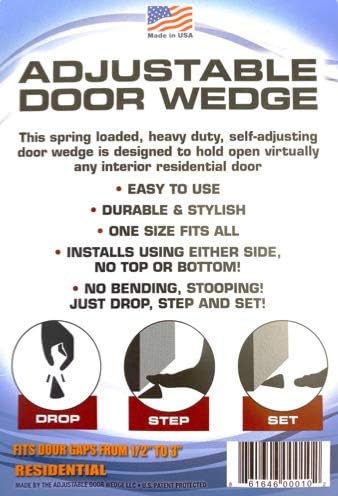 Heavy Duty Adjustable Spring Loaded Door Wedge, Self-Adjusting Doorstop for Door Gaps, Made in USA