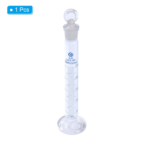 PATIKIL 25ml Graduated Cylinder, 3.3 Borosilicate Glass with Stopper, Clear, Blue Graduations for Lab Use