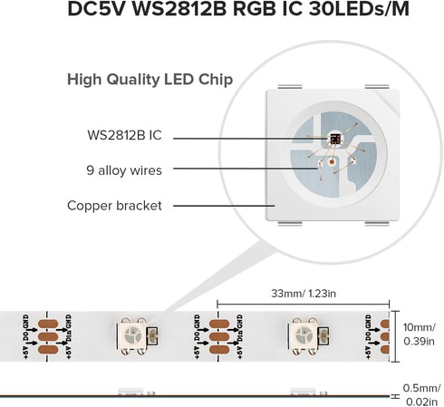 WS2812B 16.4FT/5M 30Pixel/M 150LEDs DC5V SMD5050 Programmable IP30 SEZO LED Strip Light Individual Addressable LED