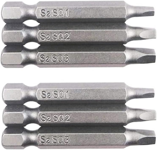 Fixinus 6 Pieces Square Screwdriver Bits, 1/4 inch Hex Shank S2 Steel Magnetic Bit Set, 50mm Length