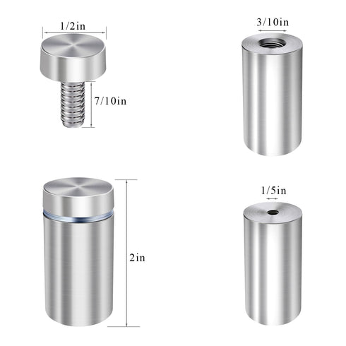 1/2” Dia x 2” L Standoffs Screws for Acrylic, Silver Sign Standoff Wall Mounts Hardware 16 Pack, Stainless Steel Stand Off Holder for Glass Board and Signage