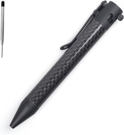 Bolt Action Carbon Fibre Ballpoint Pen with Pocket Clip, Classic Black for Travel, School, Work, and Birthday Gifts