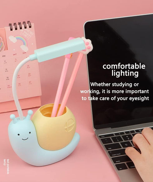 Cute Kids Lamp with Pen Holder, Snail Shape LED Desk Lamp, USB Charging Eye Protection Lamp with 360 Bendable Neck