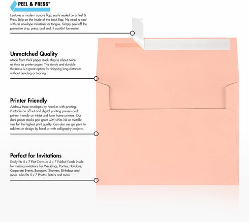 LUXPaper A7 Invitation Envelopes - 50 Qty - Peel & Press Blush Pink 5 1/4" x 7 1/4" 80lb Text