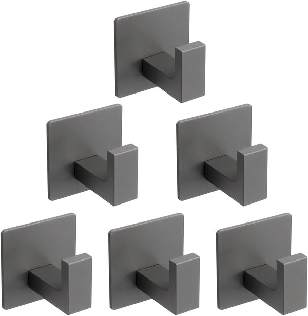 Bath Towel Hooks, 6 Pack Self Adhesive Square Coat Hooks, Heavy Duty Stainless Steel Wall Hooks for Bathroom