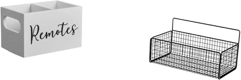 Fenteer Retro Wooden Remote Organizer and Metal Wall Hanging Basket Shelves for Table Nightstand Couch Office Kitchen