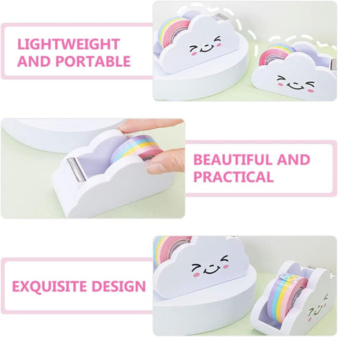 Cloud Shape Office Tape Dispenser, Desktop Cutter with Rainbow Tape Roll for Masking Washi Tape, Home Office Supplies