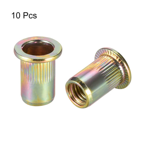 uxcell M8 Carbon Steel Rivet Nuts, Flat Head Insert Yellow Zinc Plated, 10 Pcs