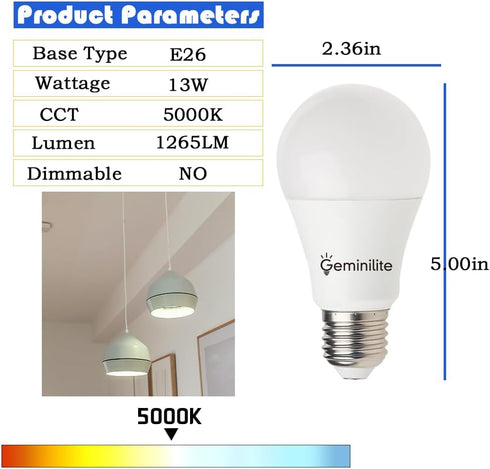 A19 LED Light Bulbs 100 Watt Equivalent, E26 LED Daylight White 5000K 13W Super Bright 1265 Lumen E26 Standard Medium Base Non-Dimmable, Bright Light Bulbs, 6 Pack by Geminilite