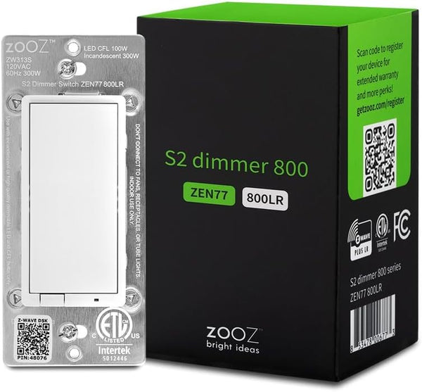 Zooz 800 Series Z-Wave Long Range S2 Dimmer Switch ZEN77, White, Simple 3-Way and 4-Way Solution, Z-Wave Hub Required