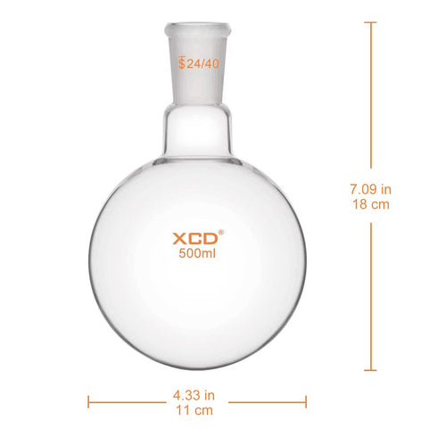 XCD Glass Flask, Single Neck Borosilicate Glass Round Bottom Flask RBF Heavy Wall Lab Boiling Flask with 24/40 Standard Taper Outer Joint, 500 ml