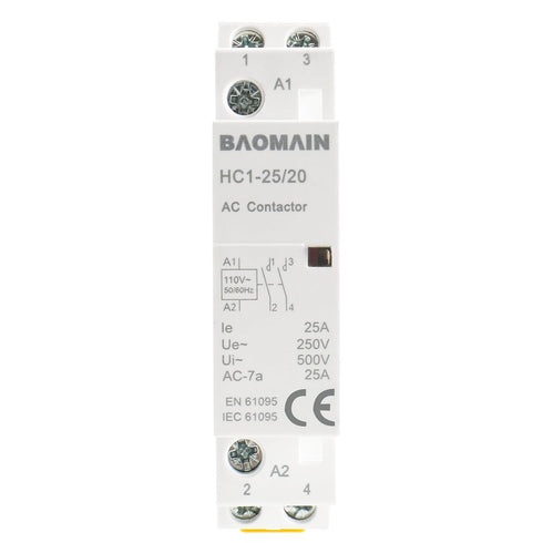 Baomain 110V AC 2-Pole Modular Contactor, 25A 2NO Normally Open, DIN Rail Mount for HVAC, Motor, Pump & Lighting Control