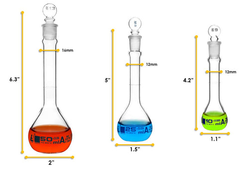 EISCO Premium Volumetric Flask Set, 10ml, 25ml & 50ml, Class A, ASTM E288, Borosilicate Glass with Stoppers