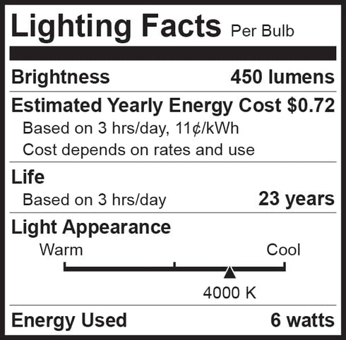 Bioluz LED Light Bulbs 40 Watt, 4000K Cool White, 6 Watts = 40W Non-Dimmable A19, 6 Pack