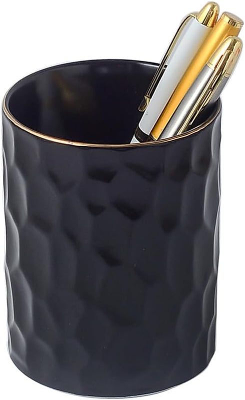 Ceramic Aesthetic Pen Holder for Desk, Cute Pencil Holder Cup Pot Organizer for Men Women, Makeup Brush Holder (Black)